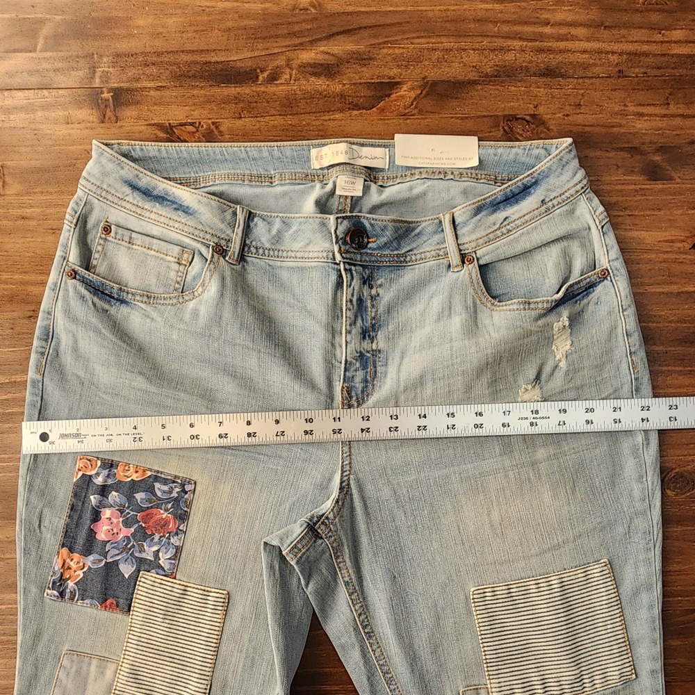 Cato Est 1946 Boho Patchwork Skinny Ankle Jeans Floral Distressed 16W Light Blue - Picture 6 of 9